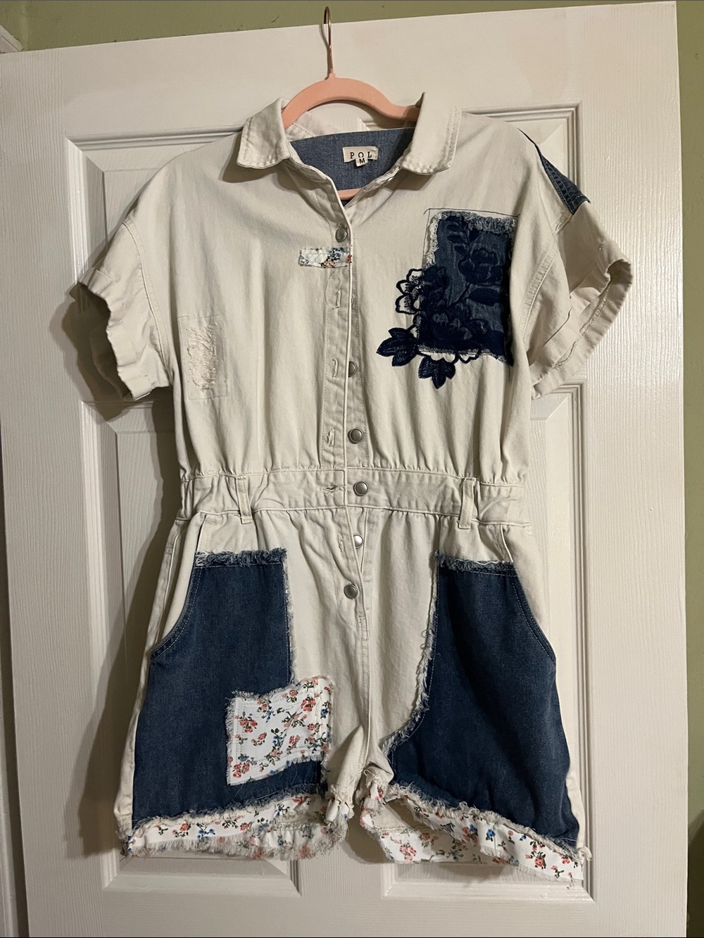 POL Cream Romper with Navy Denim Patches & Floral Trim